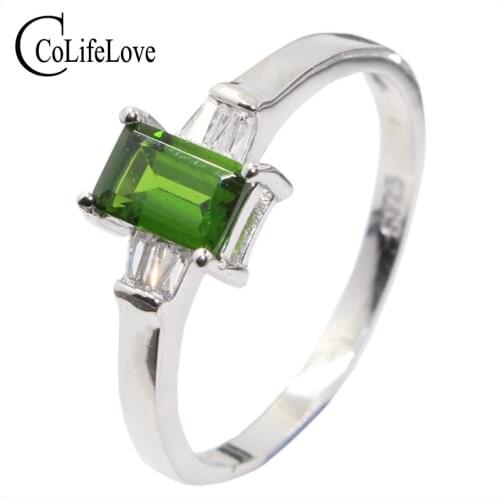 Simple Fashion Silver Ring with Gemstone 4mm*6mm Natural Diopside Ring for Woman Real Sterling Silver Engagement Ring