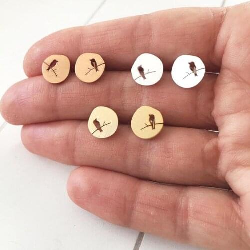 Minimal Round Cut Out Branch and Bird Earings Fashion Jewelry Stainless Steel Sister Gifts Gold Color Disc Stud Earring Bijoux