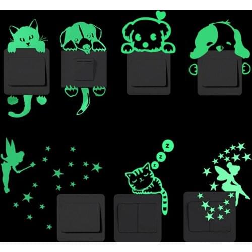 Cartoon Luminous Switch Sticker Glow in the Dark Wall Stickers Home Decor Kids Room Decoration Sticker Decal Cat Fairy Moon Star