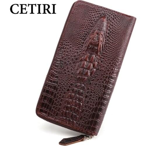 Real Cowhide Leather Mens Long Crocodile Motorcycle Punk Wallet Clutch Purses Male ID Credit Cards Holder Carteira Masculina