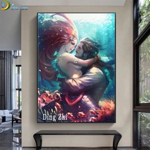 5D Diy Diamond Painting Mermaid Couple Hugging Full Square Round Diamond Embroidery Cross Stitch Kits Mosaic Sweet Love Decor