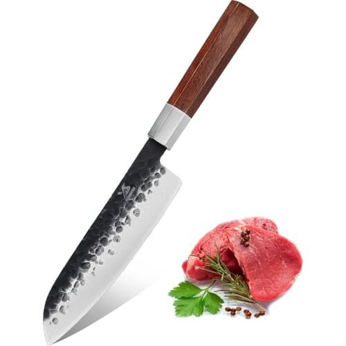 BIGSUNNY 7.6"Forge Hammered Santoku Knife Meat Knife Vegetable Cutter High Carbon Stainless Steel with Octagonal Rosewood Handle