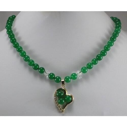 Wholesale 18" dark green Natural jadenecklace & kgp heart inlay 3 Jade beads pendant nacklace