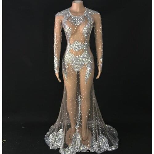 See Through Silver Rhinestones Long Tail Dress Women Birthday Celebrate Transparent Dress Prom Mesh Stretch Outfit Women Dresses
