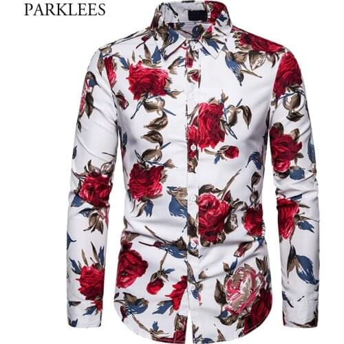 Rose Pattern Mens Shirt Linen Long Sleeve Wedding Dress Shirts Fashion Show Dance Groomsman Camisa Masculina Chemise Homme