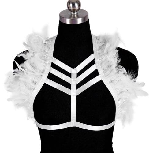 Sexy Lingerie Harness Bra Goth Harness Fashion Bdsm Body Belts Gothic Clothes Natural Feather Womens Underwear Stockings Garter