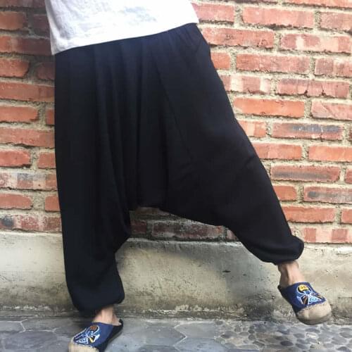 Plus Size Cotton Linen Harem Pants Men Baggy Pants Japanese Style Mens Crotch Wide Leg Pants Casual Loose Trousers