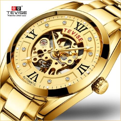TEVISE Mens Watches Top Brand Luxury Automatic Watch Man Hollow Gold Wristwatch Mens Luminous Water Resistant Mechanical Watches