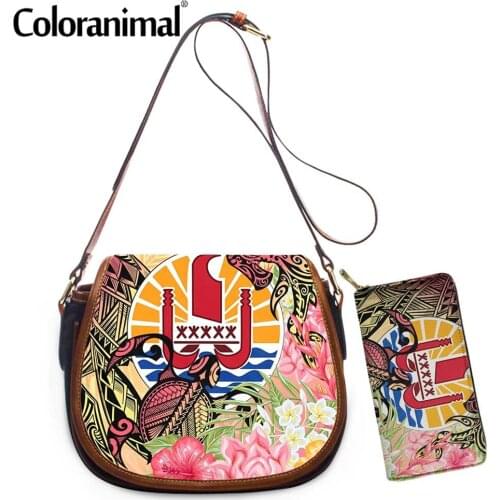 Coloranimal Tahiti Kanaka Maoli Polynesian Flower Printing Shoulder Bag for Women 2Pcs/Set Crossbody Bag&Purse PU Leather Bolsa
