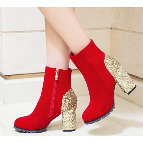 Women Shoes Fashion Pu Sequin Ankle Boots Thick High Heels Zipper Round Toe Autumn Winter Shoes Woman Red Black Gold Silver 2018