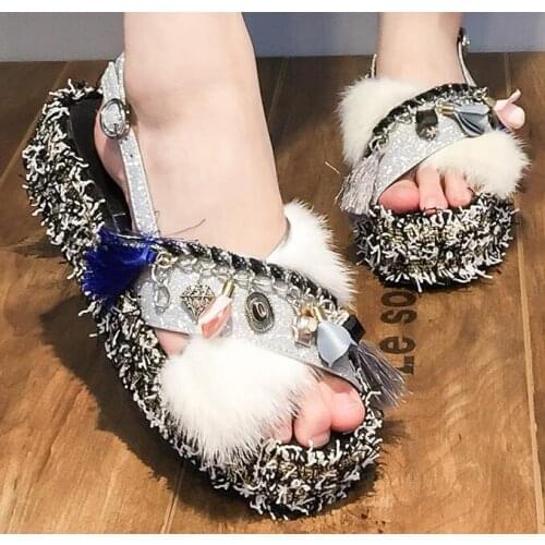 Carpaton Hot Selling Woman Sandals High Quality Leather Fur Flat Platform Shoes Summer Open Toe Sequins Beaded Tassel Sandals