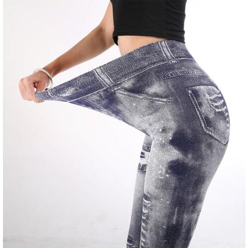 Sfit Women Gym Leggings Faux Denim Jeans Leggings Pocket Printing Leggings Casual High Waist Pencil Pants Plus size Yoga Pants