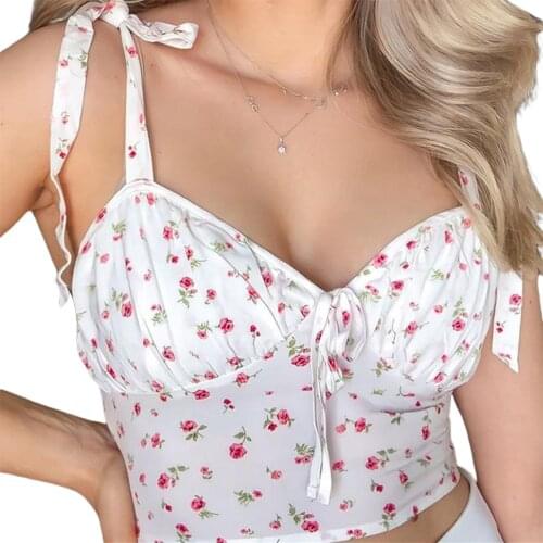 Ladies Summer Midriff-baring Camisole, Leisure Style Floral Printing Sleeveless Tie Up V-neck Backless Tops Slim Base Shirt