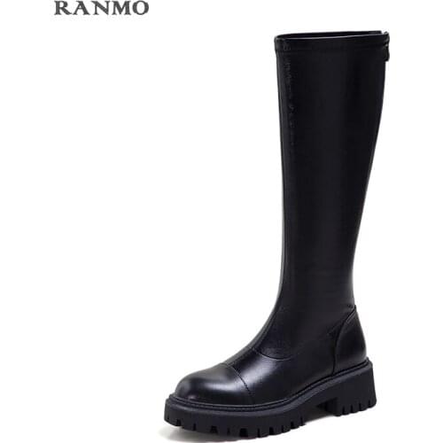 2021 Autumn New Zipper Knee High Boots Genuine Leather+PU Thick Heels Shoes Woman Winter Quality Working Office Lady Shoes Woman