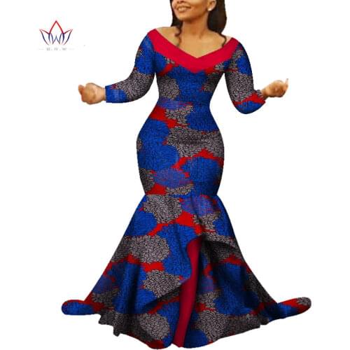 New Dashiki African Print Dresses Bazin Double fishtail Party Dress Vestidos Plus Size African Dresses for Women WY5759
