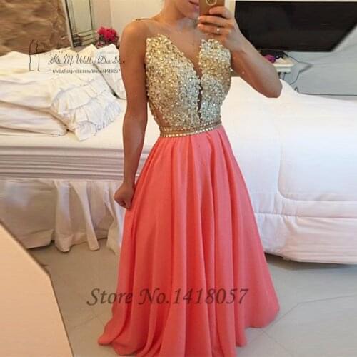 Vestido de Festa Longo Gold Lace Evening Dresses Long Backless Coral Prom Dress Sleeveless Formal Women Dress Abendkleider 2016