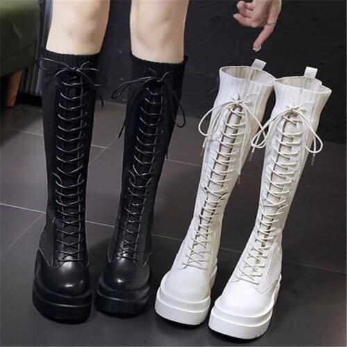 2021 New Spring Boots Women Knee High Long Boots Split Leather Fashion Lace-Up Boots Non-slip Black Sock Boots Shoes Woman