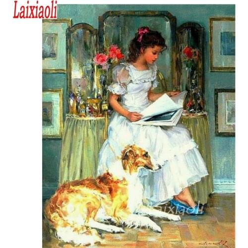 5D DIY Diamond Painting cross stitch European women with dog full Square Rhinestone Decorative Diamond Embroidery Full Mosaic
