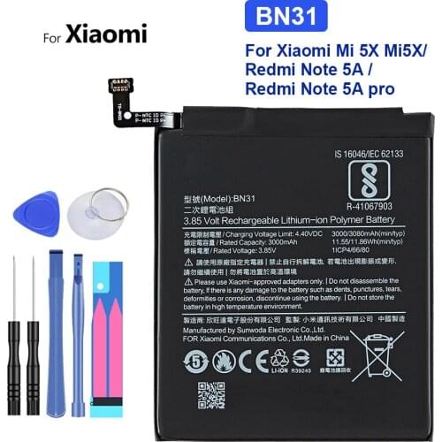 Mobile Phone Battery for Xiaomi Redmi Note 5A Prime S2 Battery Xiao Mi 5X A1 Mi5X BN31 For Redmi Note5A Pro/prime Y1 MiA1 S2