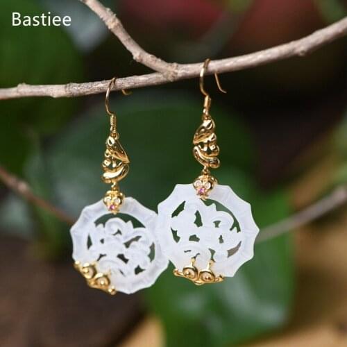 Bastiee Earrings For Women Vintage Silver 925 Jewelry Korean Earrings Jade Dangle Earrings Silver Earrings Golden Plated