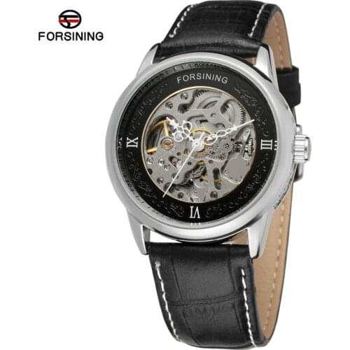 FORSINING Mens Watch Automatic New Arrival Stainless Steel Buckle Genuine Leather Strap Fashion Wristwatch Black FSG8046M3S2