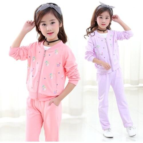 Spring Autumn Children Suit New Girl Lovely Small Three Suit Flower Coat +pant +long Sleeve T Shirt 4-12 Ages 4 Colors