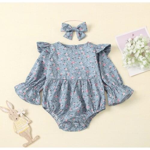 Lovely Baby Girls Boys Rompers Headband Flowers Printed Ruffles Long Sleeve Jumpsuits 0-24M