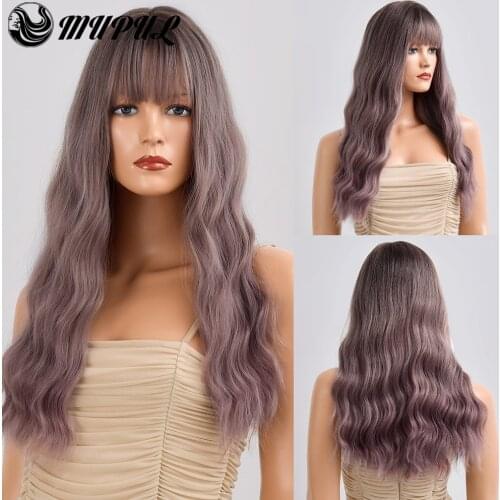 Pink Ombre Long Natural Daily Synthetic Wig With Bangs For White Women Heat Resistant Female Hair Cosplay Fiber Colored Wigs