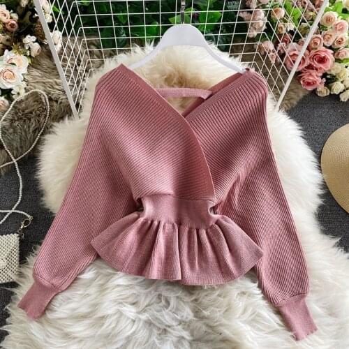 Women Short Knitted Peplum Tops Woman Long Sleeve Ruffles Sweaters Lady Ruffles Pullvoers Knitwear Tops