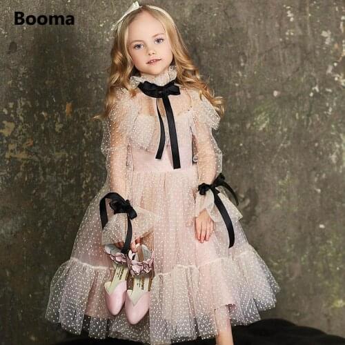 Polka Dots Tulle Flower Girl Dresses High Neck Long Poet Sleeves Girls Wedding Party Dresses Ribbons Ruffles Communion Dresses