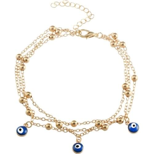 Hot Sell Ornaments Beach Double Retro Gold Silver Color Girl Ankle Chain Tassel Blue Eyes Crystal Woman Bracelet Bead Wholesale