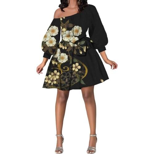 Hycool Trendy Women Clothes 2021 Daisy Design Princess Puffy Sleeve Bow Elegant Black Dress Summer Off Shoulder Polynesian Dress