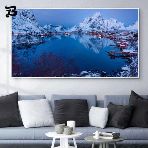 Canvas Painting Nordic Modern Landscape Art Snow Mountain Lakeside Town Scenery Posters Prints for Living Room Home Decoration