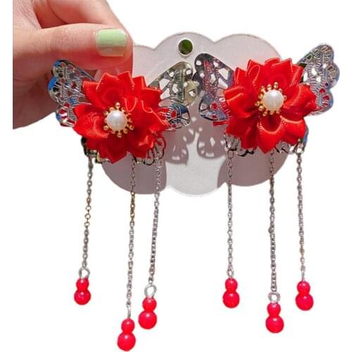 2Pcs Chinese Style Retro Girls Hairpins Hair clips barrettes Cute Plum Blossom Bead Chain Hairpin Hair Clips Headdress Accessory