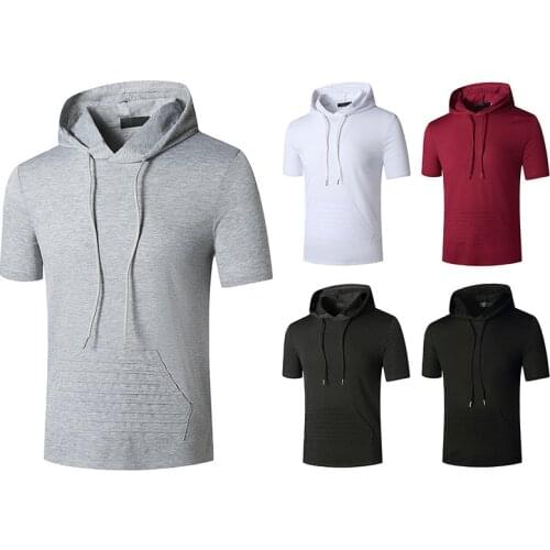 Hooded Short Sleeve Sports T Shirt for Men Solid Casual Mens T Shirts Streetwear Tops Sportswear Hoodie Mens Tee Shirt Clothing