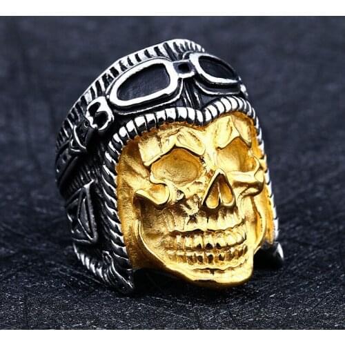Vintage Gold Skull Titanium Steel Skull Biker Gothic Punk 316L Stainless Ring For Men Retro Male Design Round Bands Rings