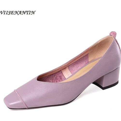 2021 spring new Korean style thick heel square toe shallow mouth mid-heel purple soft and comfortable high heels women