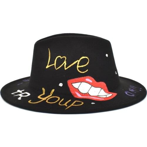 2021 new hand-painted pattern Fedora hat wide brim hat Panama felt hat shallow top fedora hat men and women hats men панама