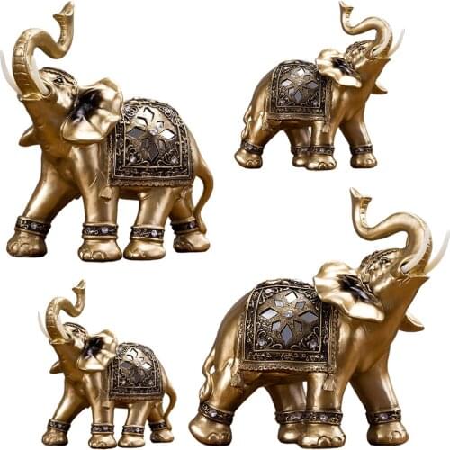 Lucky Elephant Statue Sculpture Resin Golden Feng Shui Good Fortune Figurine Decoration Home Office Car Shelf Tabletop Decor