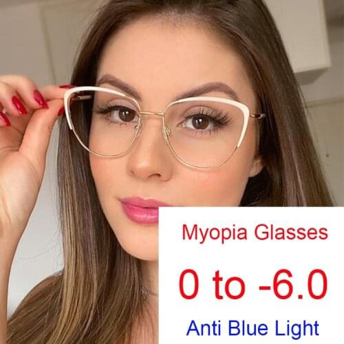 Vintage White-Rimmed Cat Eye Myopia Glasses Women Anti Blue Rays Optical Prescription Eyelasses Frame Tired Sight -5.0 Leesbril