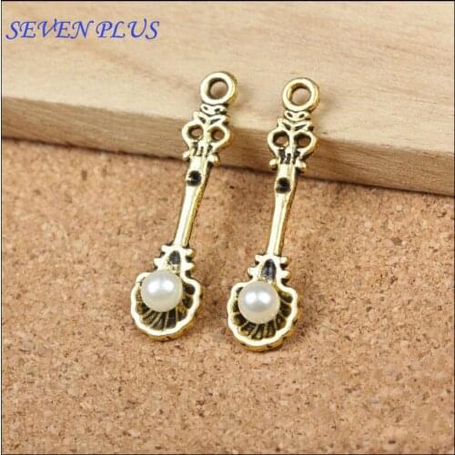 High Quality 25 Pieces/Lot 9mm*33mm Antique Gold Color Spoon Charms With Imitation Pearl
