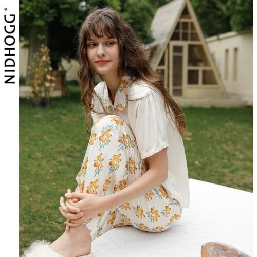 2021 Fairy Sweet Satin Ladies Pajamas Short Sleeve Trousers Viscose Flower Print Home Clothes Autumn Women Lapel Two Piece Set