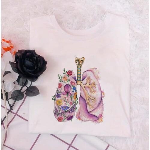 Heart lung apparatus art flower print pink sweet girls top loose Fun Ulzzang Summer Harajuku Tumblr Casual vintage Women T-shirt