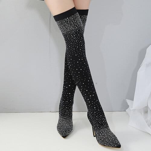 Women Crystal Over The Knee Sock Boots Ladies Pointed Toe High Heel Woman Pump For Party Womens Thin Heel Female Plus Size Shoe