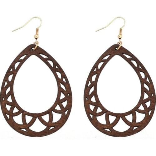 Boho Style Hollow Waterdrop Wood Earrings Vintage Fashion Geometric Dangle Earrings for Women Simple Chic Party Jewelry Gift