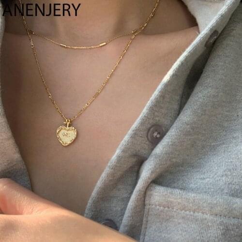 ANENJERY 925 Sterling Silver Double Layer Heart Necklaces for Women Golden Simple French Retro Jewelry Wholesale