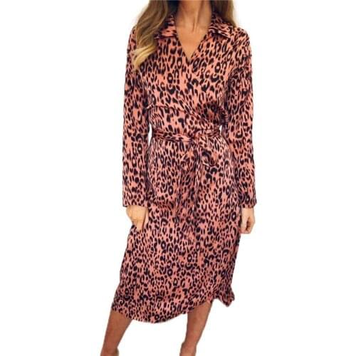 Summer Woman Dress 2021 Midi Dress Fashion Women Leopard Printed Bandage Long Sleeve Turn Down Collar Midi Dress