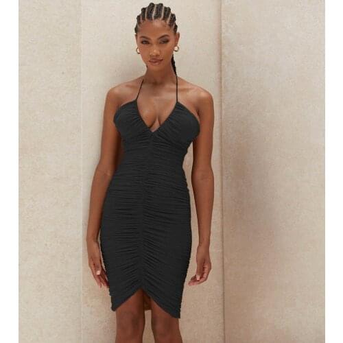 Summer Casual V Neck Dress Women 2021 Sexy Bodycon Club Party Midi Dresses Elegant Halter Backless Ruched Vestidos Femme Robe