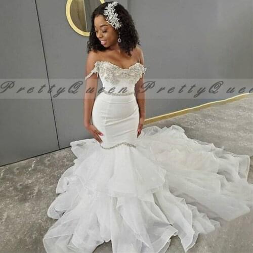 White Organza Tiered Mermaid Wedding Dress With Beads 2020 Long Chapel Train Sweetheart Neck Bridal Dresses Vestidos De Novia