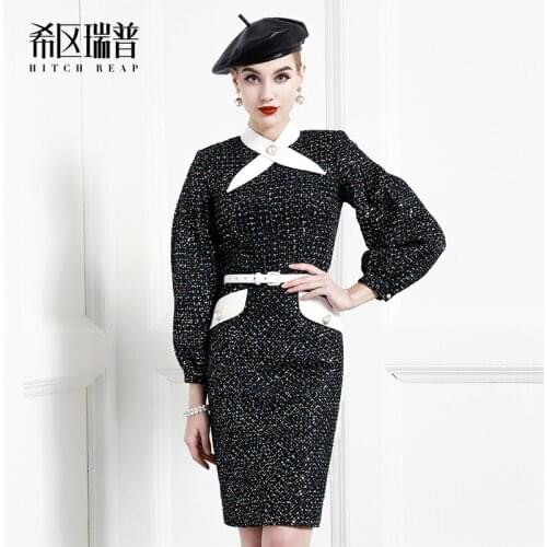 Black Gold Tweed Celebrity Small Fragrance Lantern Sleeve Dress WomenS High End Retro Hepburn 2021 Spring Dress